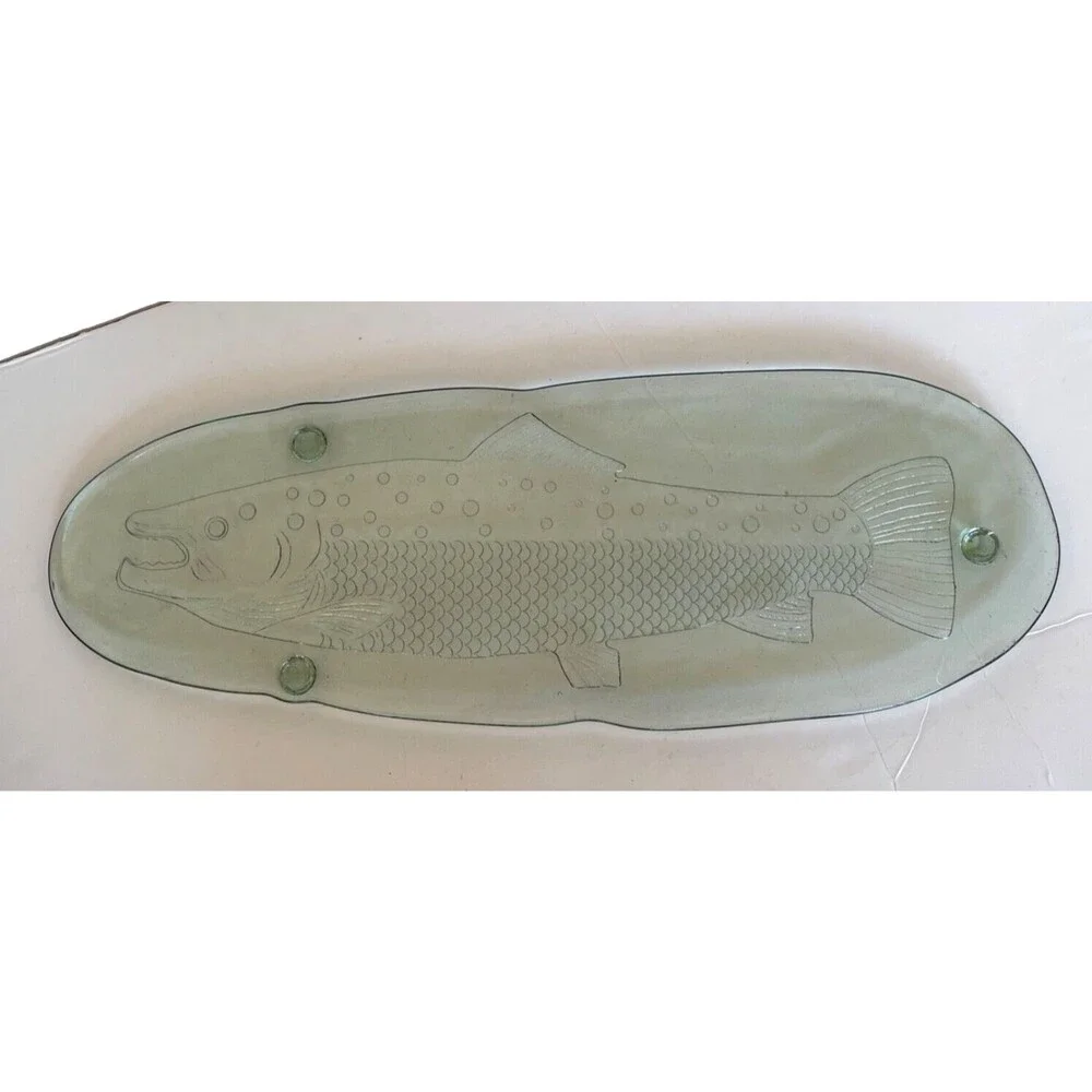 NEW Large Pottery Barn Serving Platter Fish Salmon Thick Green Glass Italy 23